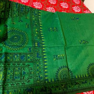 Madhubani print on Tusser silk saree